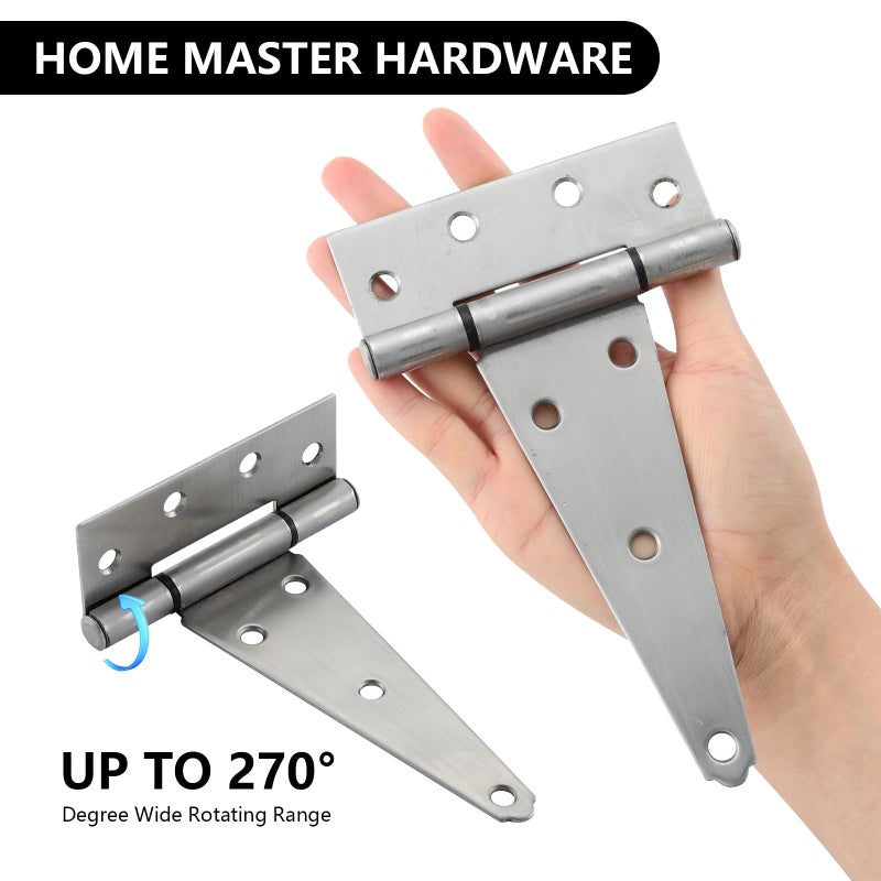 HOME MASTER HARDWARE 6 Inch Stainless Steel Gate Hinges for Wooden Fences Heavy Duty Tee Hinges Shed Door Hinge T-Strap Hinge for Outdoor Barns Gate with Screws 4 Pack - Image 5